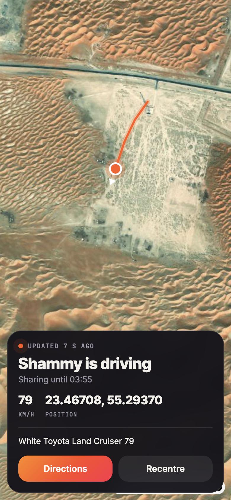 What they see: Shammy is driving, 79 km/h, on a satellite map in the browser